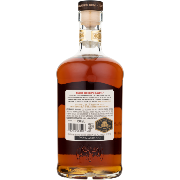 Bacardi Aged Rum Extra Rare Gold Gran Reserva Diez 10 Yr 80 - 750ML - Back