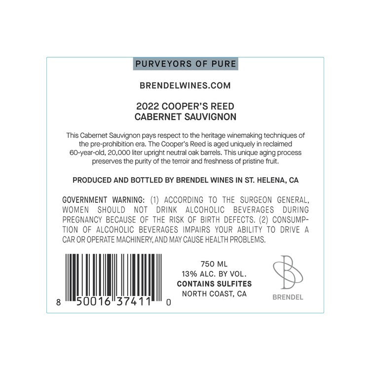 Brendel Wines Cabernet Sauvignon Cooper's Reed North Coast 2022 - 750ML - Back