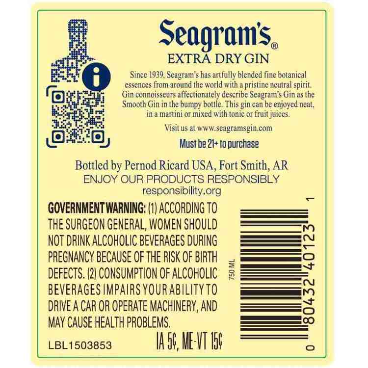 Seagram's Extra Dry Gin 80 - 750ML - Back Label