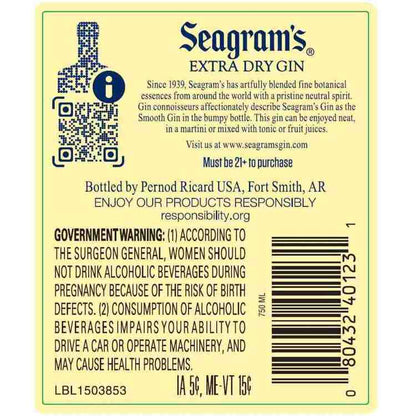 Seagram's Extra Dry Gin 80 - 750ML - Back Label