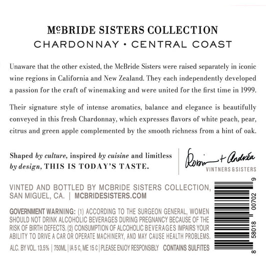 Mcbride Sisters Collection Chardonnay Central Coast 2022 - 750ML - Back Label