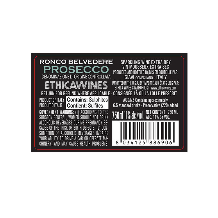 Ronco Belvedere Extra Dry Italy - 750ML - Back Label