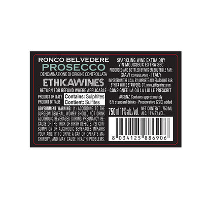 Ronco Belvedere Extra Dry Italy - 750ML - Back Label
