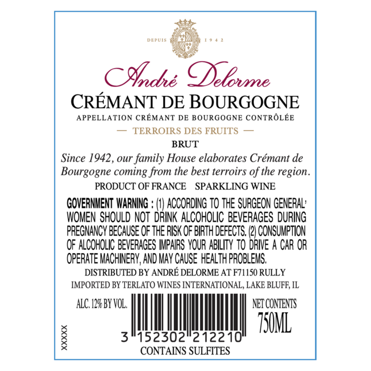 Andre Delorme Cremant De Bourgogne Brut Terroir Des Fruits - 750ML - Back Label