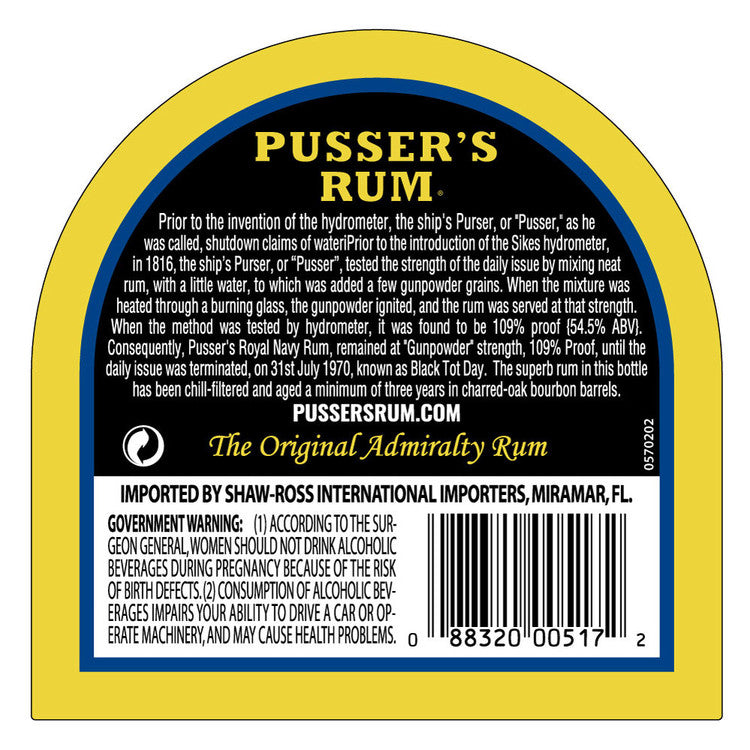 Pusser'S Navy Rum Gunpowder Proof Original Admiralty Strength 109 - 750ML