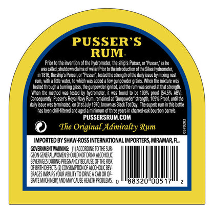Pusser'S Navy Rum Gunpowder Proof Original Admiralty Strength 109 - 750ML