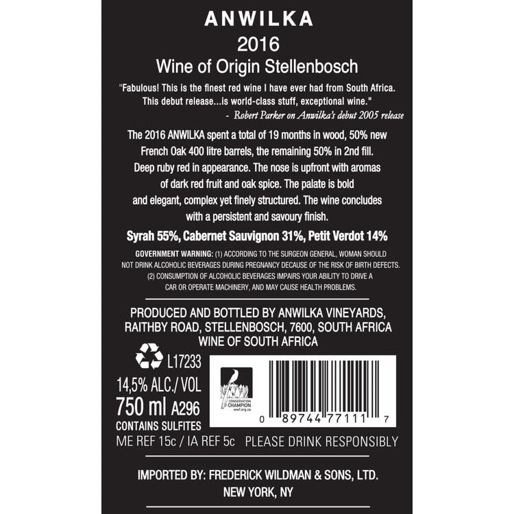 Anwilka Red Wine Stellenbosch 2017 - 750ML - Back Label