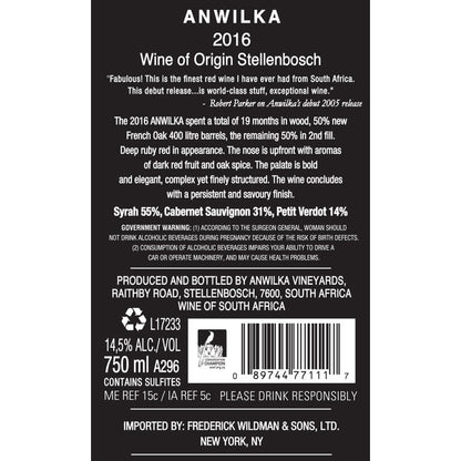 Anwilka Red Wine Stellenbosch 2017 - 750ML - Back Label