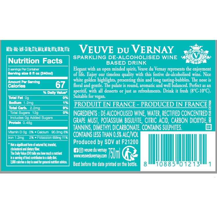 Veuve Du Vernay Sparkling Zero Non-Alcoholic Wine - 750ML - Back