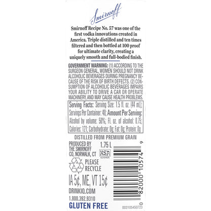 Smirnoff Vodka 100 - 1.75L - Back Label