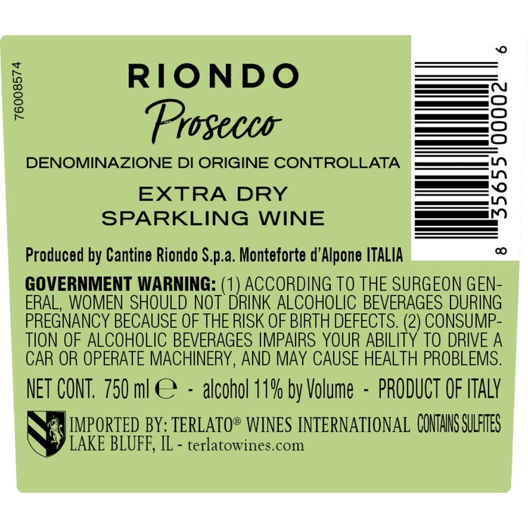 Riondo Prosecco Extra Dry - 750ML - Back Label
