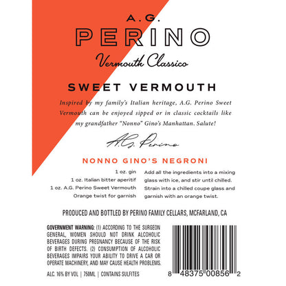 A.G. Perino Sweet Vermouth Classico - 750ML - Back Label