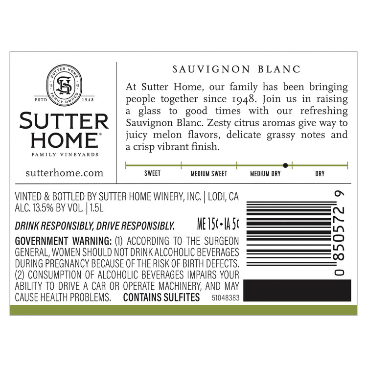 Sutter Home Sauvignon Blanc California - 1.5L - Back Label