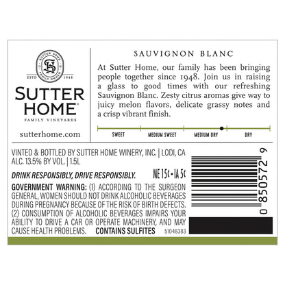 Sutter Home Sauvignon Blanc California - 1.5L - Back Label