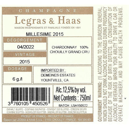 Legras & Haas Champagne Brut Blanc De Blancs Millesime Grand Cru 2015 - 750ML - Back Label
