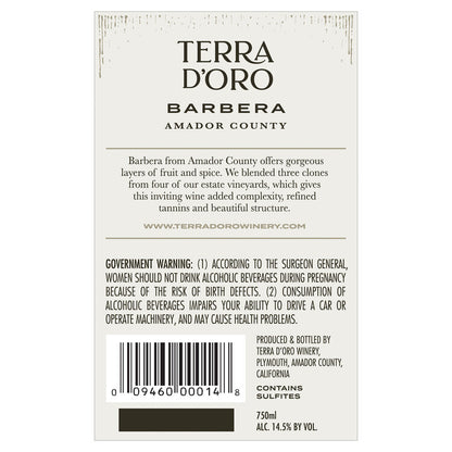 Terra D'Oro Barbera Amador County 2022 - 750ML - Back Label