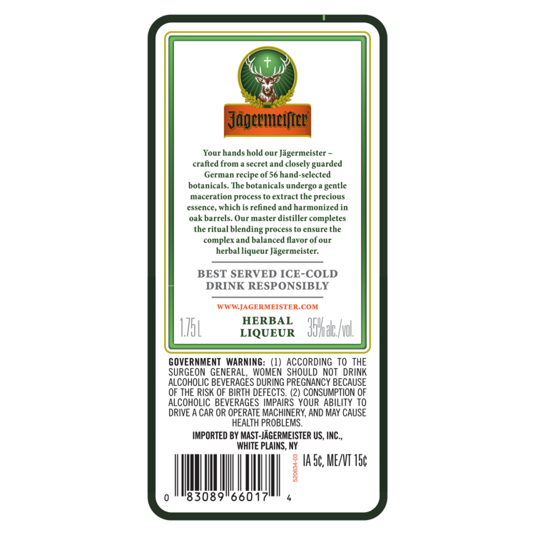 Jagermeister Herbal Liqueur 70 - 1.75L - Back Label