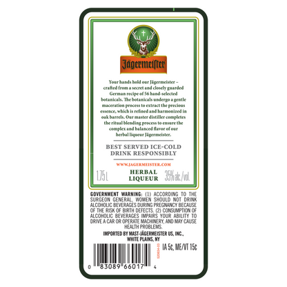 Jagermeister Herbal Liqueur 70 - 1.75L - Back Label