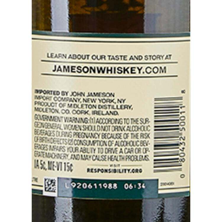Jameson Blended Irish Whiskey 80 - 1.0L - Back Label