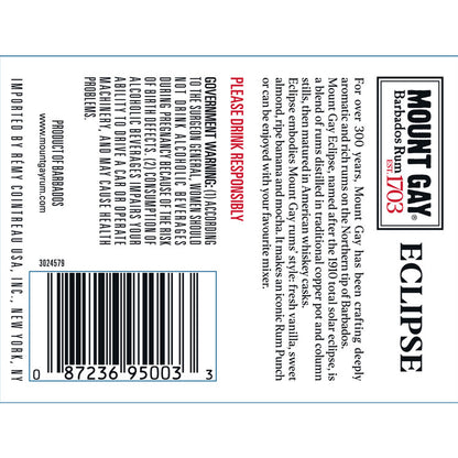 Mount Gay Gold Rum Eclipse Heritage Blend 80 - 750ML - Back Label