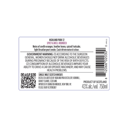 Highland Park Single Malt Scotch 12 Yr 86 - 750ML - Back Label