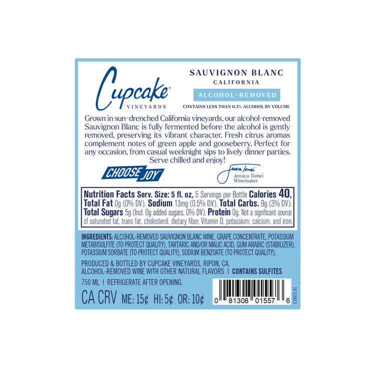 Cupcake Vineyards Sauvignon Blanc Alcohol Removed California - 750ML - Back Label