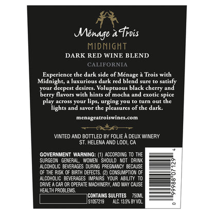 Menage A Trois Dark Red Blend Midnight California - 750ML - Back Label