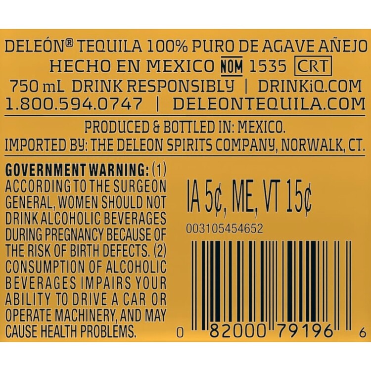 Deleon Tequila Anejo 80 - 750ML - Back Label