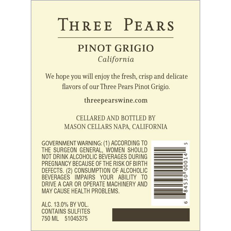 Three Pears Pinot Grigio California - 750ML - Back Label