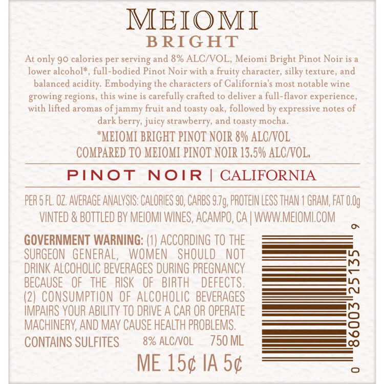 Meiomi Pinot Noir Bright California - 750ML - Back Label
