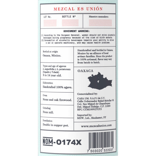 Union Uno Mezcal El Viejo 90 - 750ML - Back Label