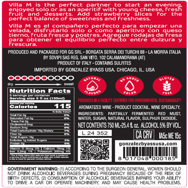 Villa M Brachetto Sweet Red Italy - 750ML - Back Label