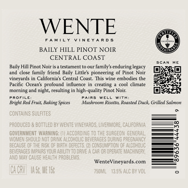 Wente Vineyards Pinot Noir Baily Hill Central Coast - 750ML - Back Label