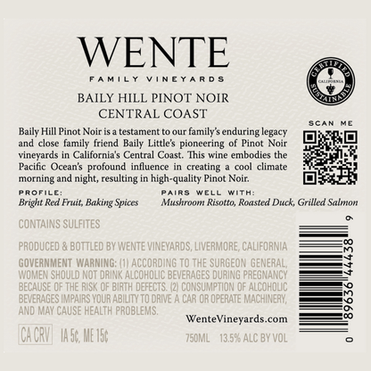 Wente Vineyards Pinot Noir Baily Hill Central Coast - 750ML - Back Label