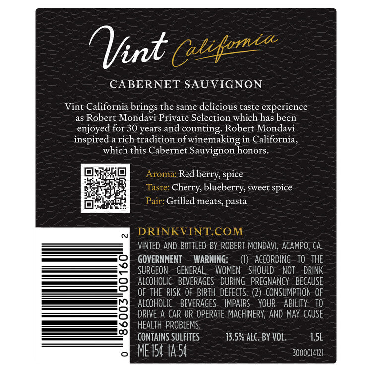 Robert Mondavi Private Selection Cabernet Sauvignon California - 1.5L - Back Label