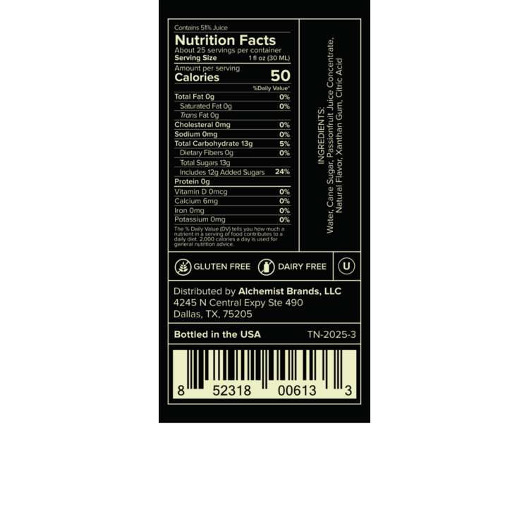 Liquid Alchemist Passion Syrup - 750ML - Back Label
