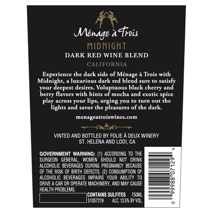 Menage A Trois Dark Red Blend Midnight California - 750ML - Back Label