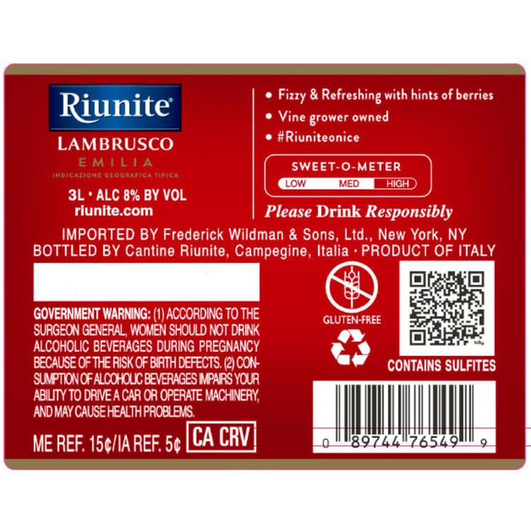 Riunite Lambrusco Emilia - 3.0L - Back Label