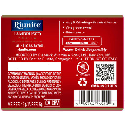 Riunite Lambrusco Emilia - 3.0L - Back Label