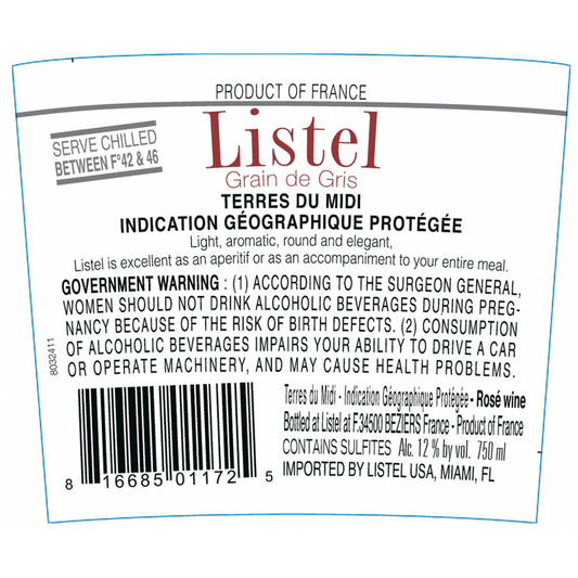 Listel Terres Du Midi Rose Grain De Gris - 750ML - Back