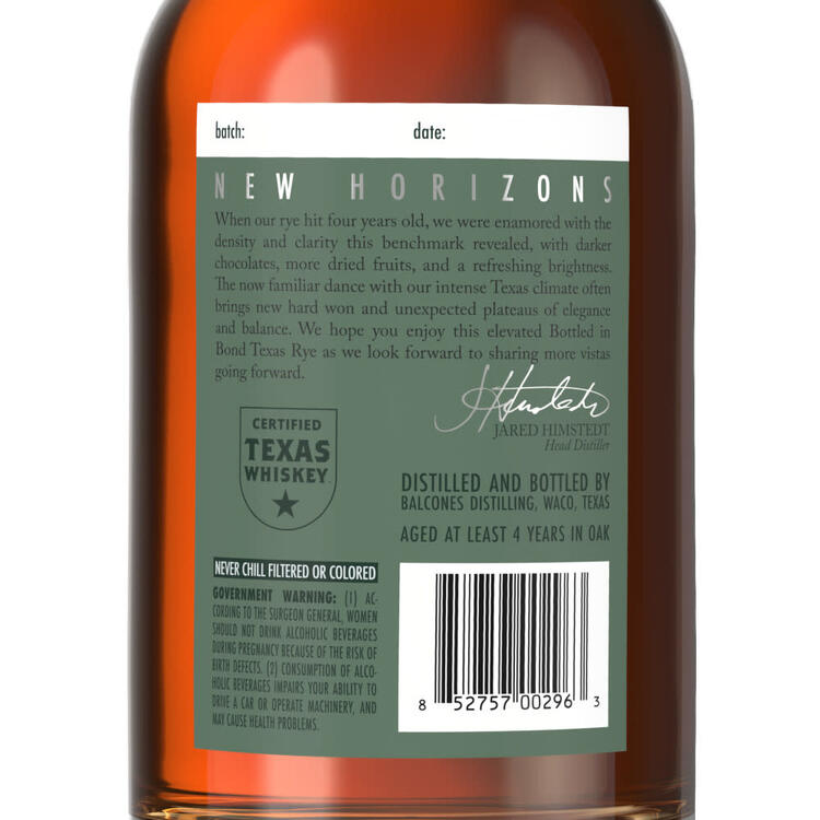 Balcones Straight Rye Whiskey Texas Rye Bottled In Bond 100 - 750ML - Back Label