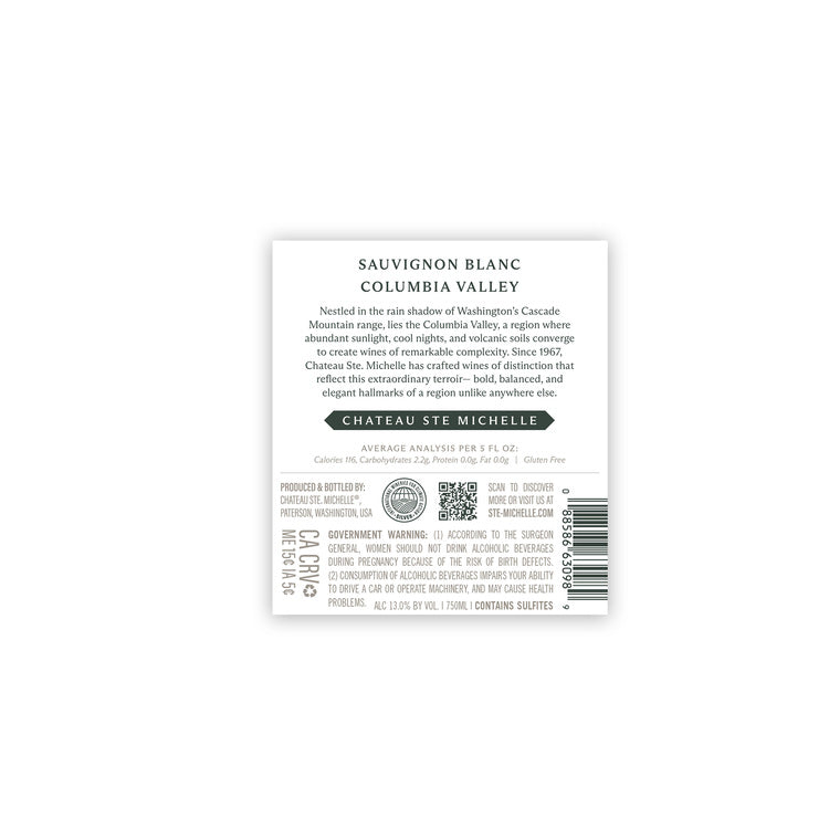Chateau Ste. Michelle Sauvignon Blanc Columbia Valley - 750ML - Back Label