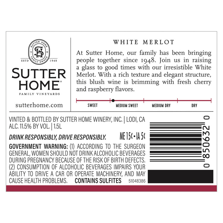 Sutter Home White Merlot California - 1.5L - Back Label