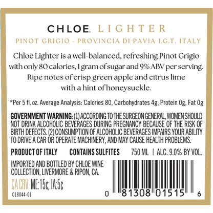 Chloe Pinot Grigio Lite Better For You Provincia Di Pavia - 750ML - Back