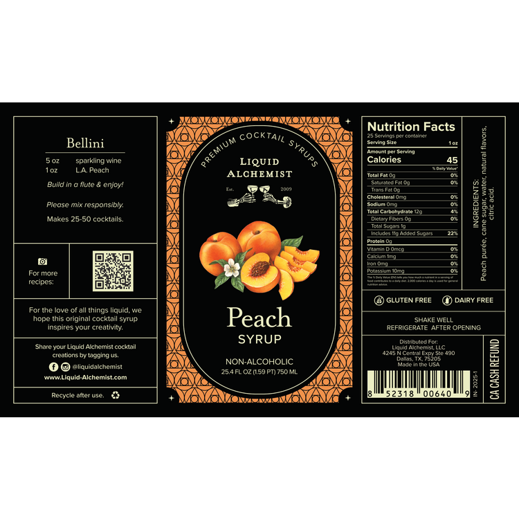 Liquid Alchemist Peach Syrup - 750ML - Front Label