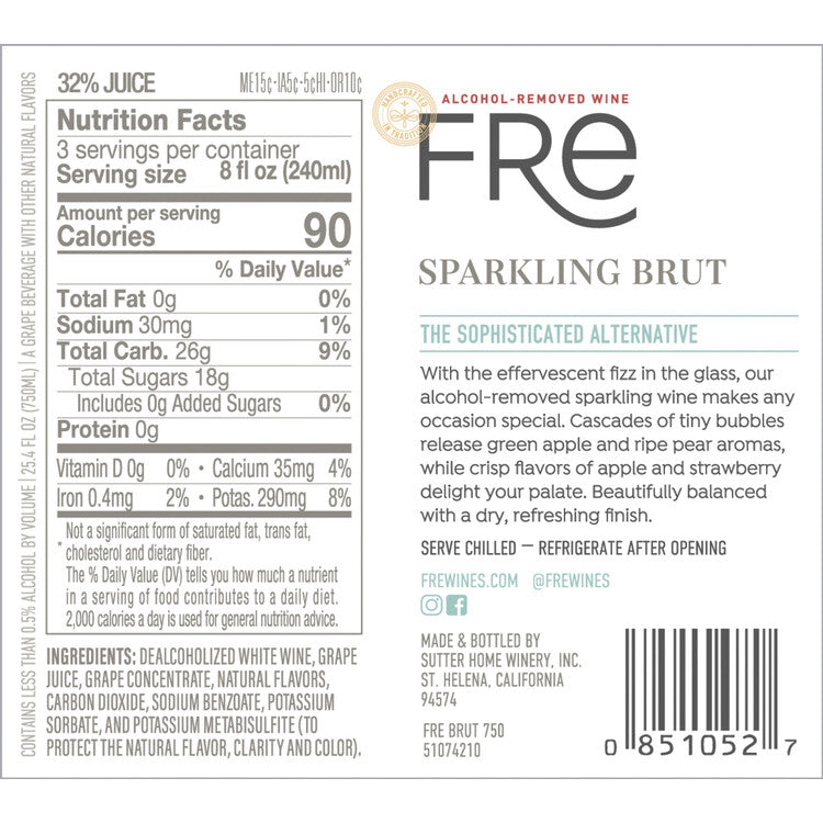 Fre Sparkling Brut Alcohol Removed - 750ML - Back Label