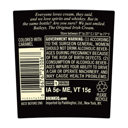 Baileys Irish Cream Liqueur The Original 34 - 750ML - Back Label