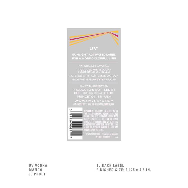 Uv Mango Flavored Vodka Glow 60 - 1.0L - Back Label