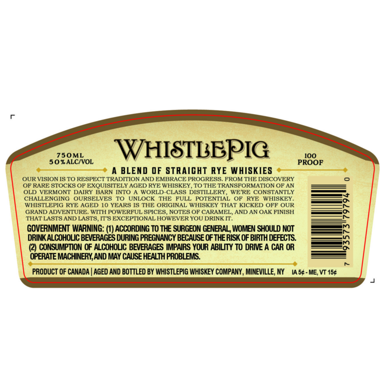 Whistlepig Straight Rye Whiskey 10 Yr 100 - 750ML - Back Label