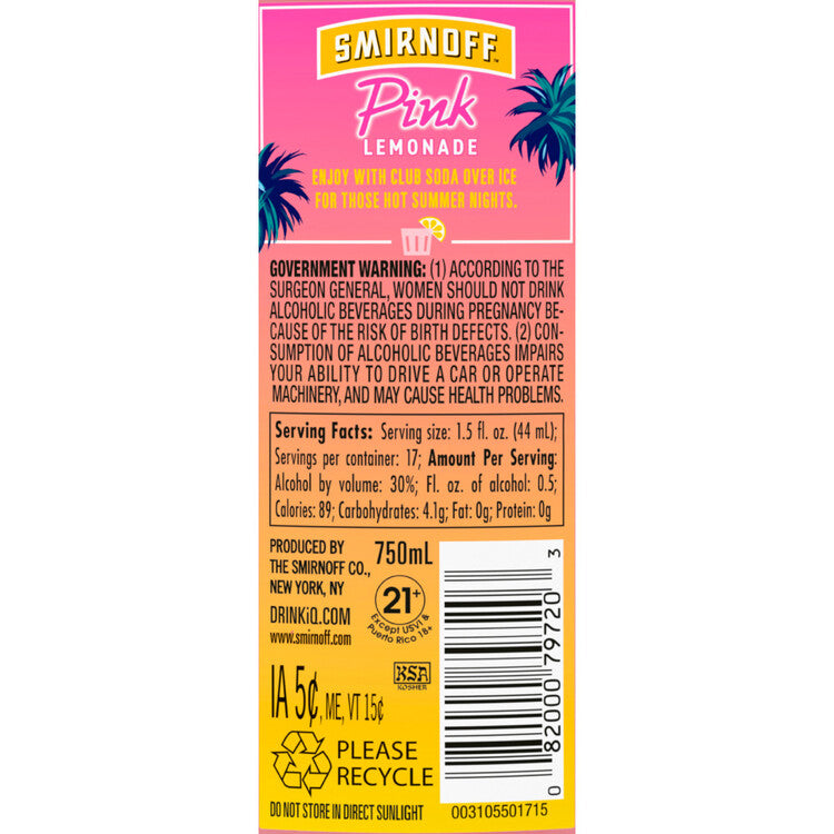 Smirnoff Pink Lemonade Flavored Vodka 60 - 750ML